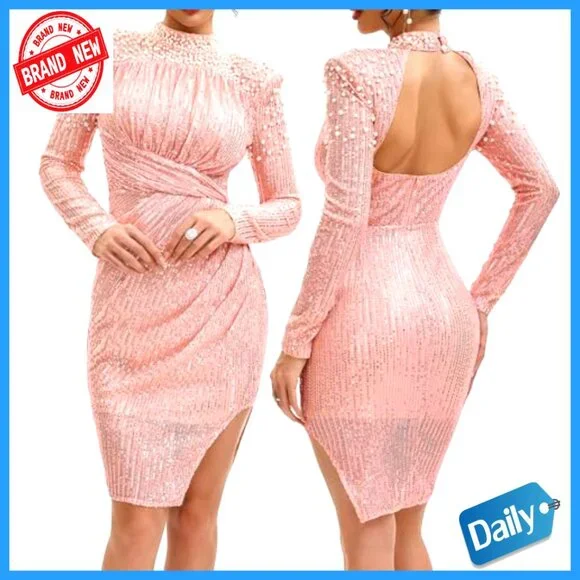 Long Sleeve Sequin Mock Neck Backless Bodycon Prom Cocktail Party Dress - Picture 2 of 6